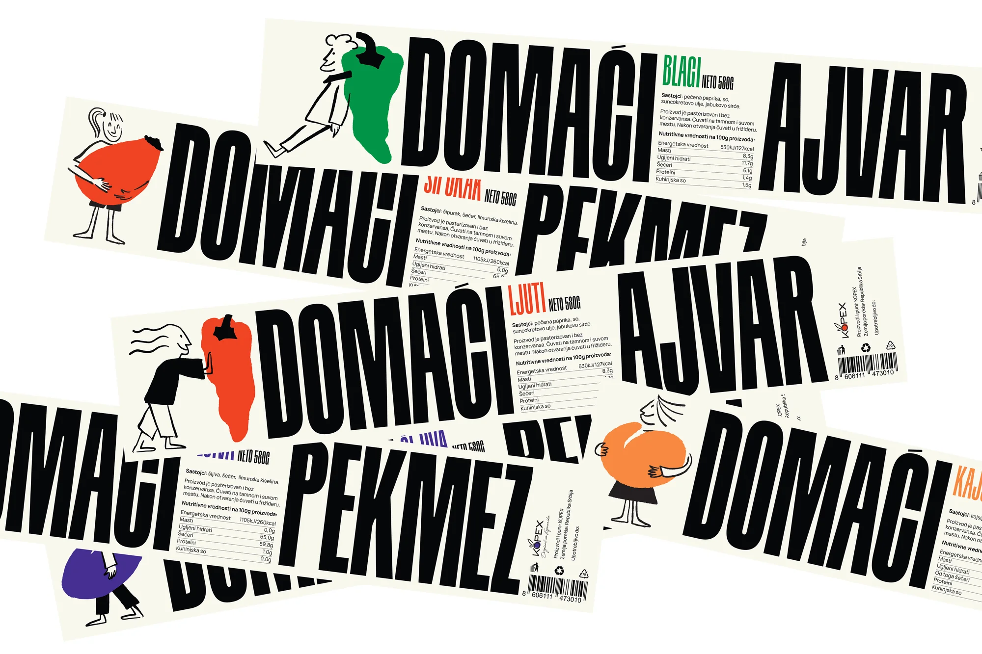 Collage of food product labels with cartoon figures holding peppers, peaches, and plums, featuring black and white illustrations.