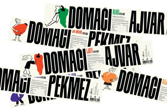 Collage of food product labels with cartoon figures holding peppers, peaches, and plums, featuring black and white illustrations.