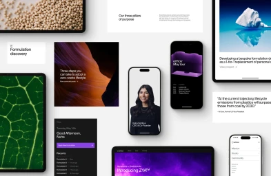 Flat lay brand identity presentation for erthos showing UI screens on phones, tablets, typography, and imagery against white.