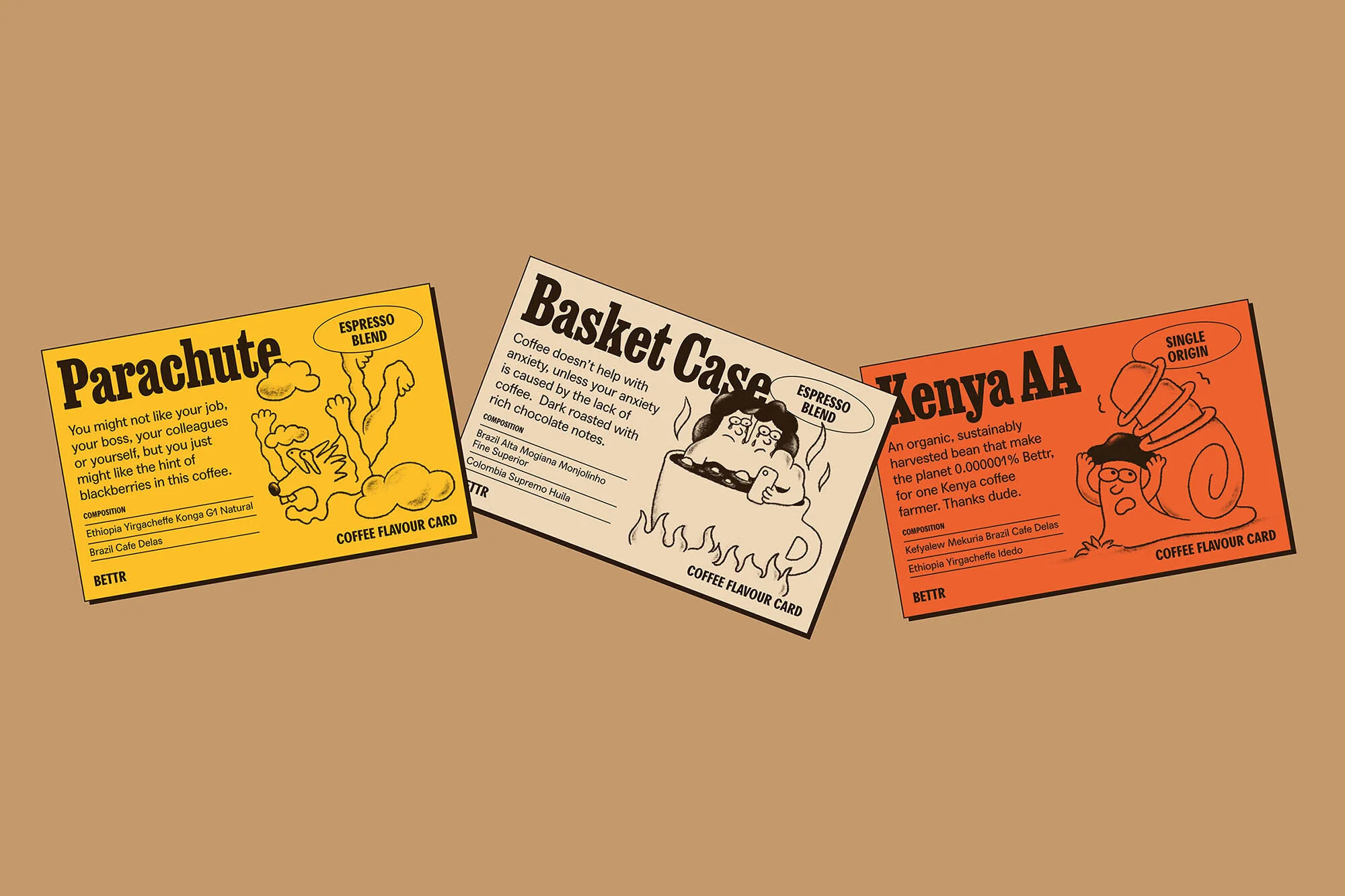 Three coffee flavor cards display Parachute, Basket Case, and Kenya AA espresso and single origin blends with cartoon-style illustrations.