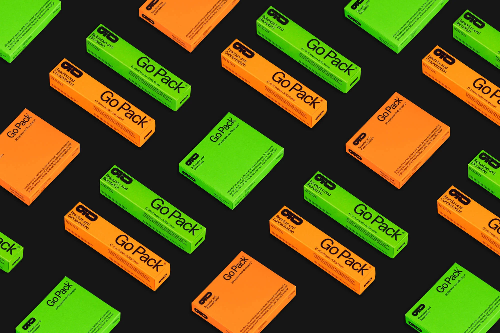 Isometric product shot: multiple bright green and orange Go Pack boxes arranged on a dark background, showcasing vibrant packaging design.