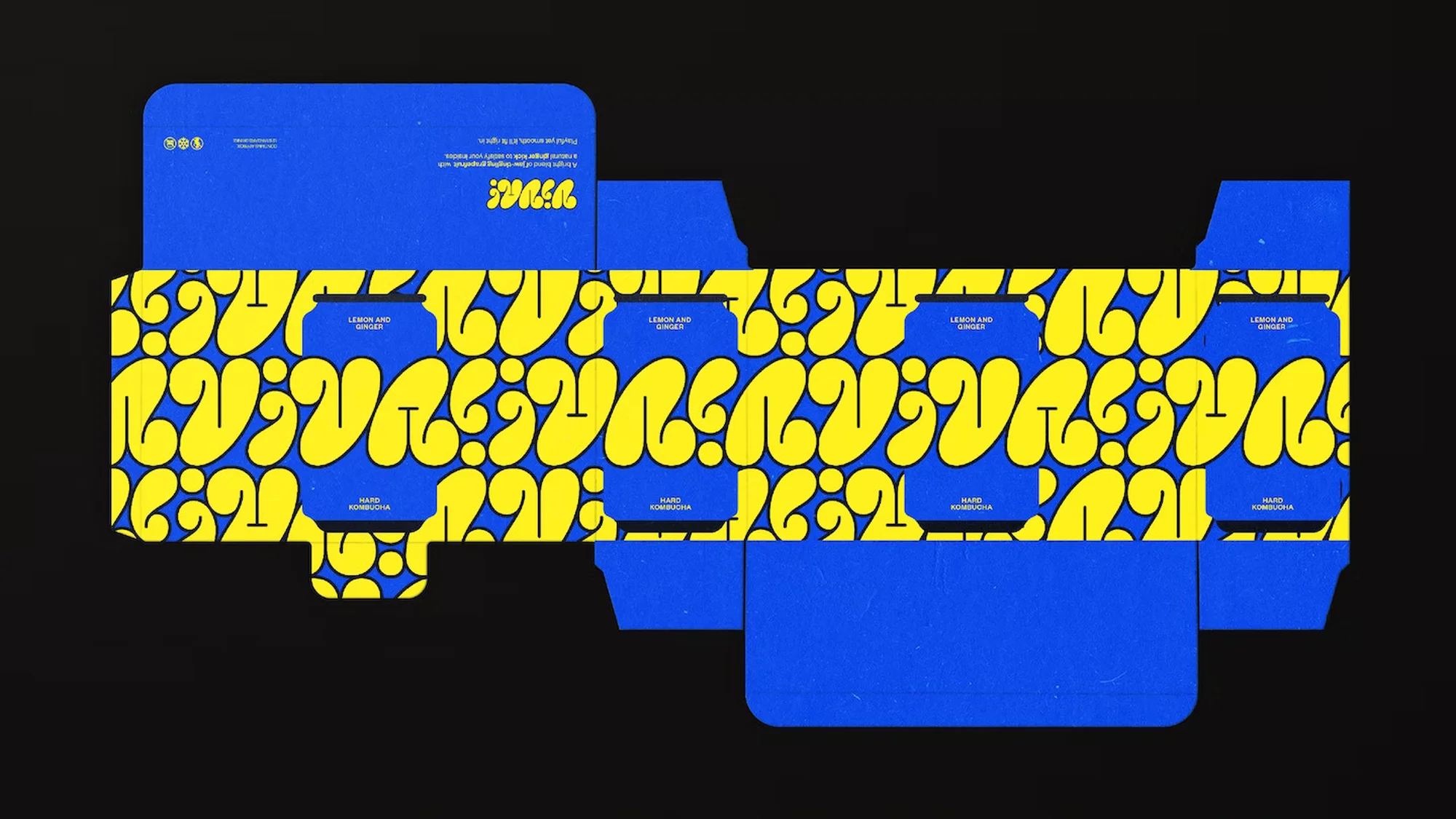 Cardboard packaging for lemon and ginger hard kombucha, featuring a blue and yellow psychedelic pattern on a dark background.