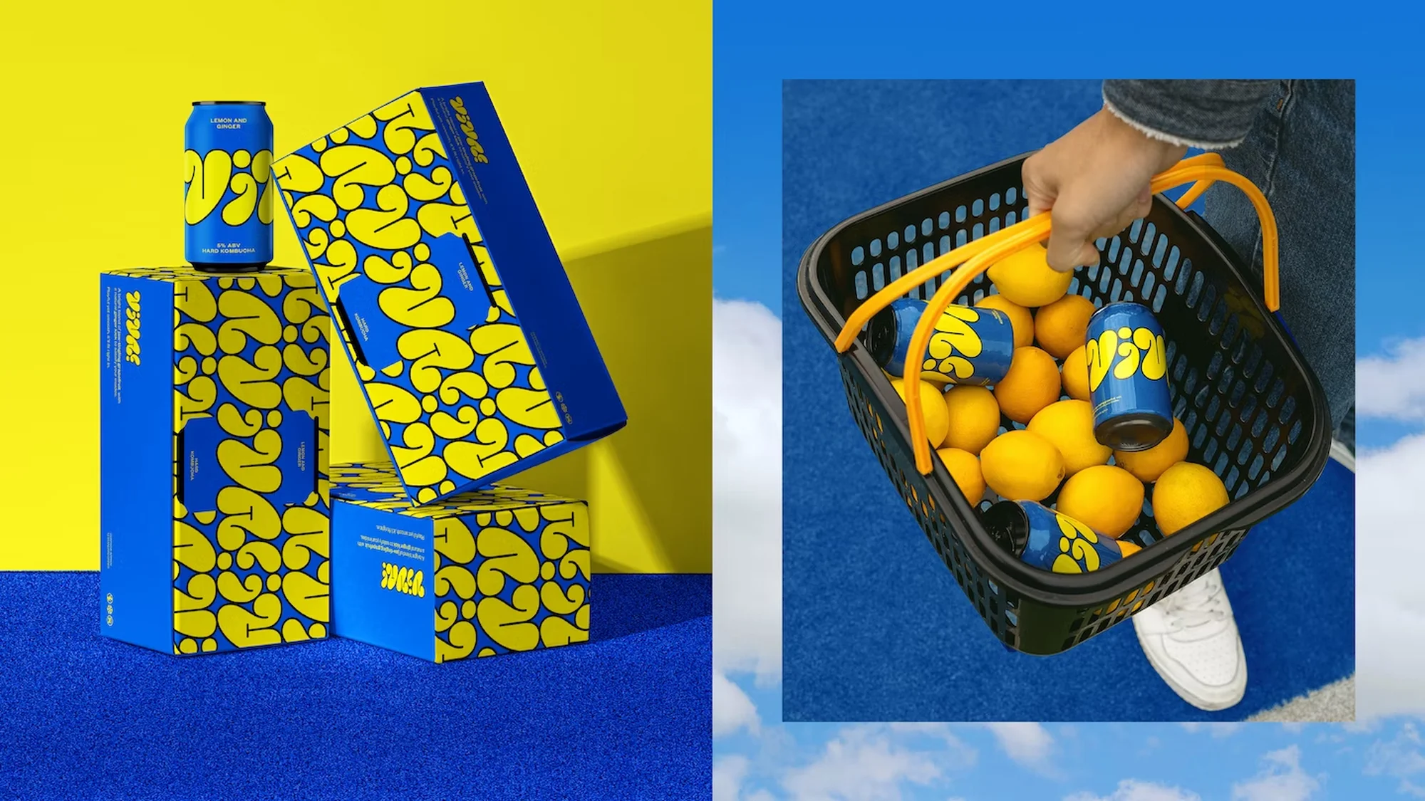 Studio product shot of canned lemon ginger drinks with a geometric design, displayed beside a basket of fresh lemons. 