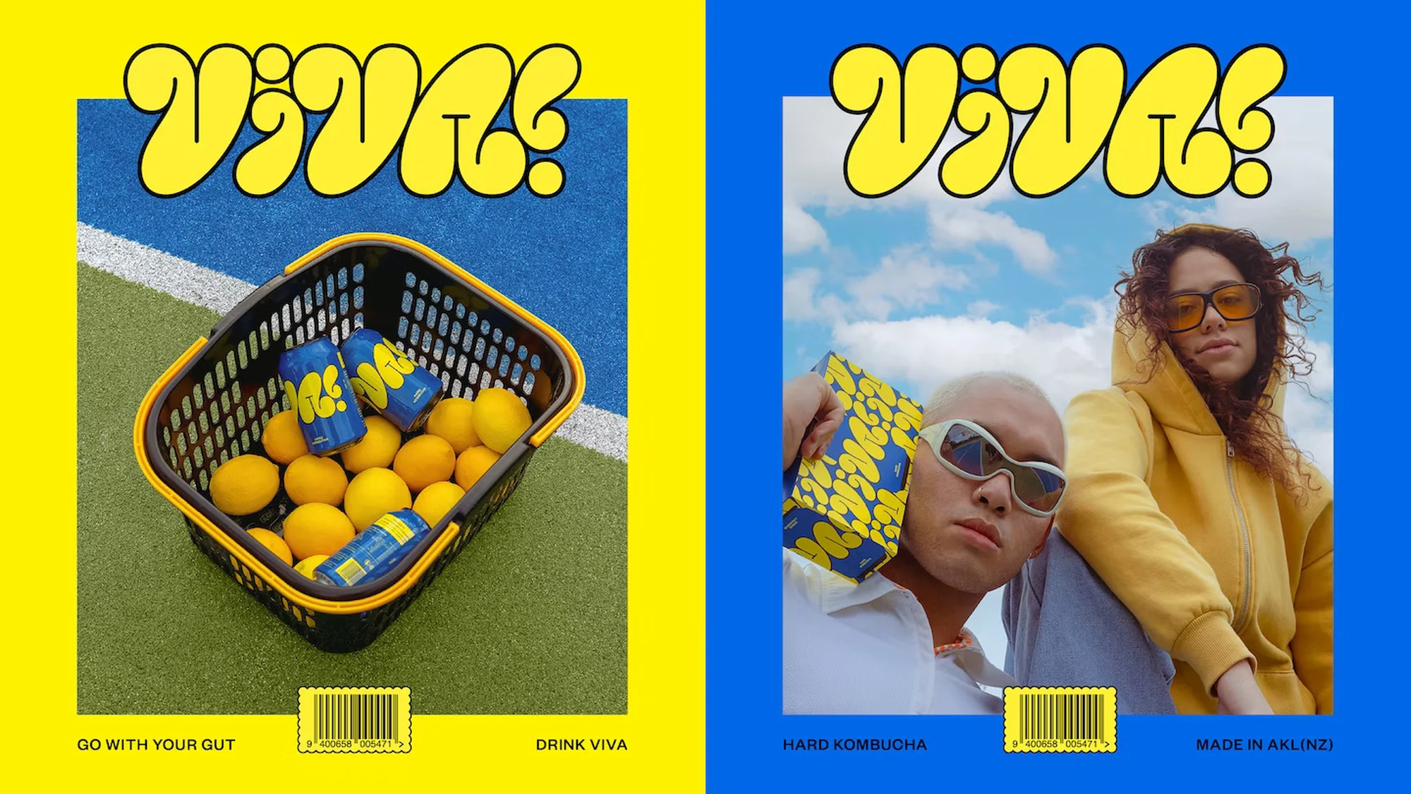 Promotional poster split in half: basket with lemons and Viva cans against green/blue, and two people with a Viva box against blue skies.