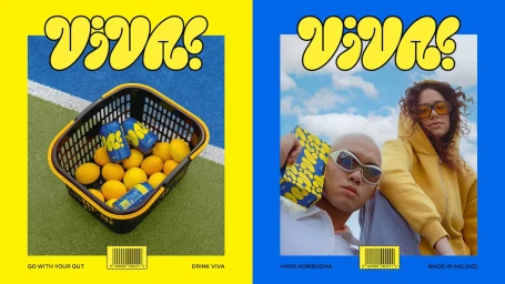 Two side-by-side split panels featuring vibrant yellow and blue brand identity posters for Viva, showcasing lemons and two models.