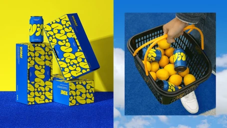 Split image showing blue and yellow Viva brand packaging on the left and a person holding a black basket filled with lemons and cans on the right