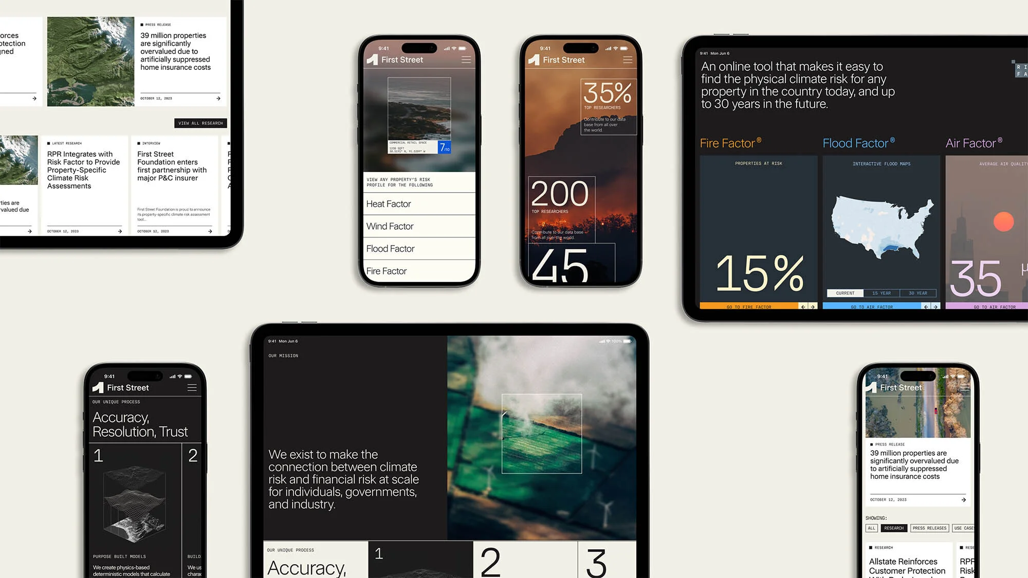 Screenshots of the First Street climate risk assessment tool shown on multiple digital devices; features include risk factors and property data.