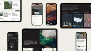 Multiple digital devices displaying the First Street Foundation brand identity and climate risk data interfaces