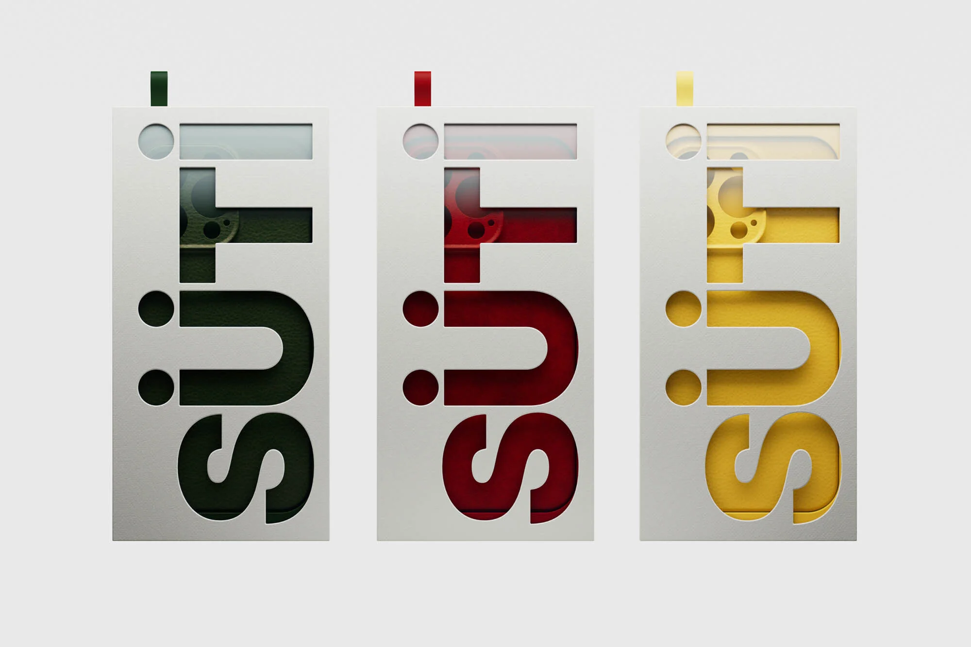 Three dimensional cutout artwork, with the word SUI displayed vertically in green, red and yellow hues against a white background.
