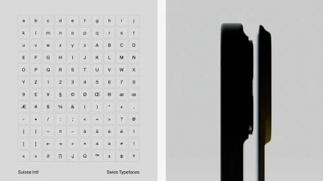 Split view showing a grid of alphabet letters on the left and a dark silhouette profile of a smartphone case on the right.