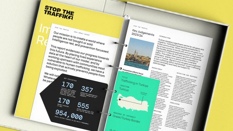 Open binder with anti-trafficking report featuring statistics, text, and a map, set against a white and yellow background.