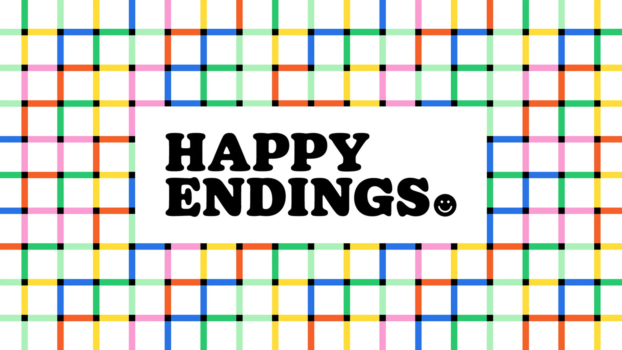 Colorful graphic art with bold 'Happy Endings' text over a vibrant checkered pattern of blue, yellow, green, pink, and orange.