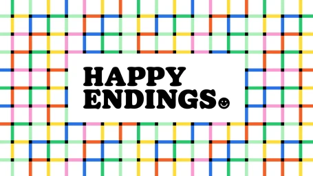 Colorful grid pattern background featuring a central white rectangular box with bold black Happy Endings text and a smiley face icon.