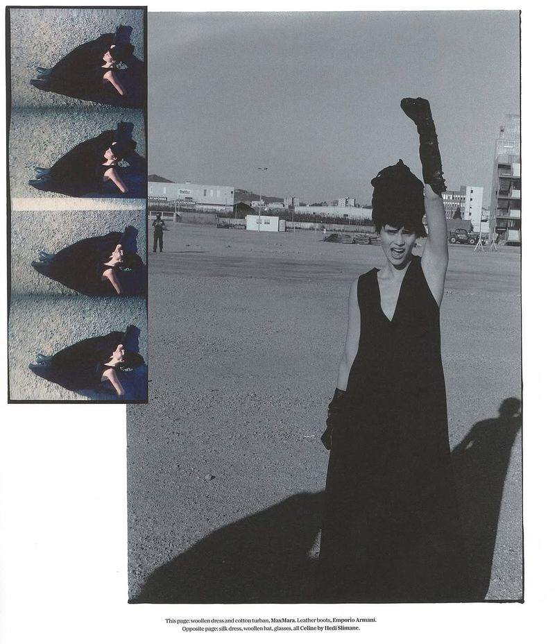 Woman in long black dress raises arm in front of industrial landscape, contrasted by smaller images of her on the left.