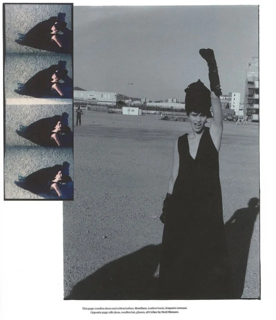Woman in long black dress raises arm in front of industrial landscape, contrasted by smaller images of her on the left.