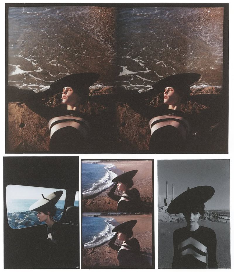 Multiple images show a person in a black and white top and hat, laying on a sandy beach near ocean waves, and inside a car.