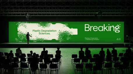 A presenter on a large stage before an audience, with a wide green digital screen displaying the Breaking brand identity and text.