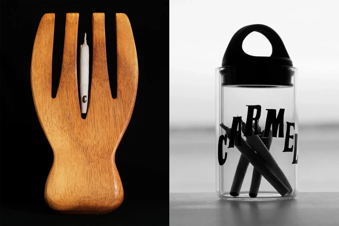 Joints displayed in a wooden salad serving fork and a glass jar with a black handle and lid on a black and white background.