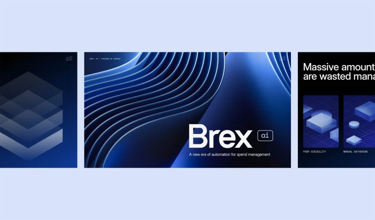 Brex advertisement featuring abstract designs and typography for financial automation, set against a gradient blue background.