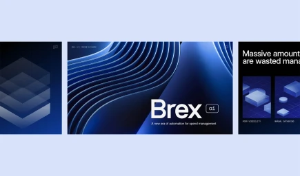 Brex brand identity featuring dark blue abstract 3D curved ribbons, typography, and isometric financial data graphics