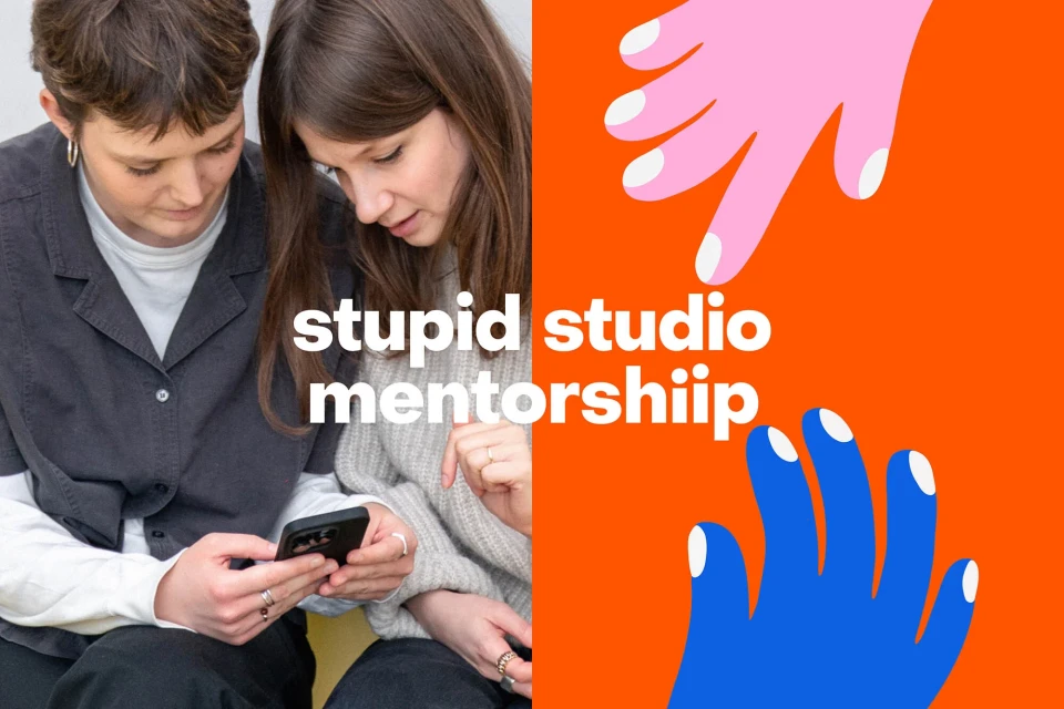 Two women looking at a smartphone, alongside graphic design with hands and bold text, creating a modern and collaborative visual.