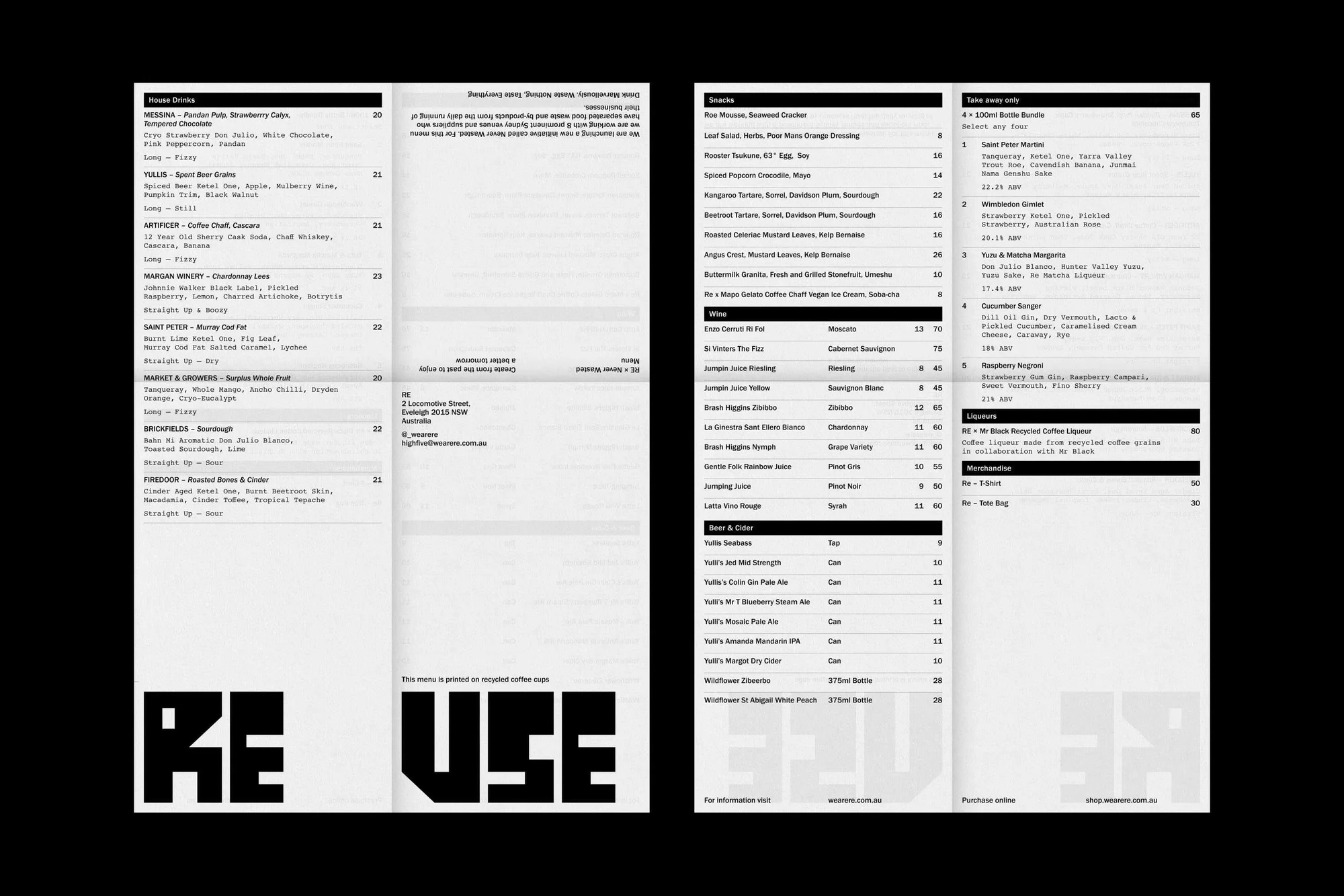 Minimalist menu on black backdrop displays drink and food selections with modern font and a 'reuse' theme, emphasizing sustainability.