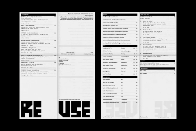 Minimalist menu on black backdrop displays drink and food selections with modern font and a 'reuse' theme, emphasizing sustainability.