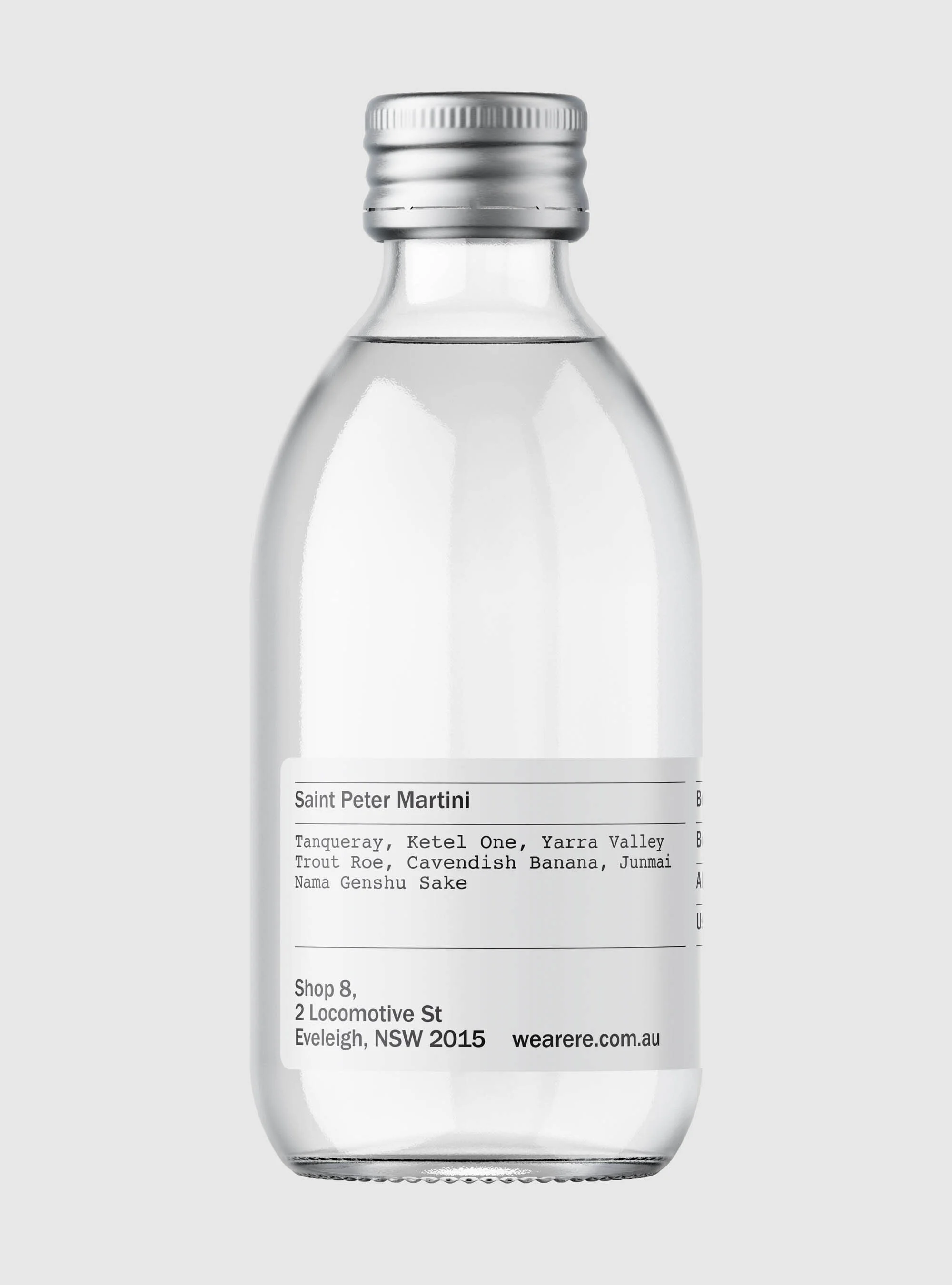 Clear glass bottle with a silver cap and a white label featuring the words 'Saint Peter Martini' and the brand website 'wearere.com.au'.
