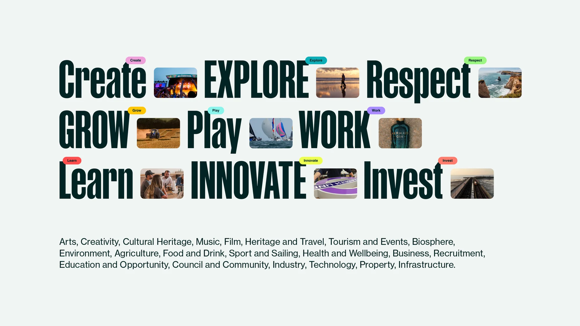 Motivational design featuring words like 'Create, Grow, Explore, Play, Work, Respect, Learn, Innovate, Invest' with associated imagery.