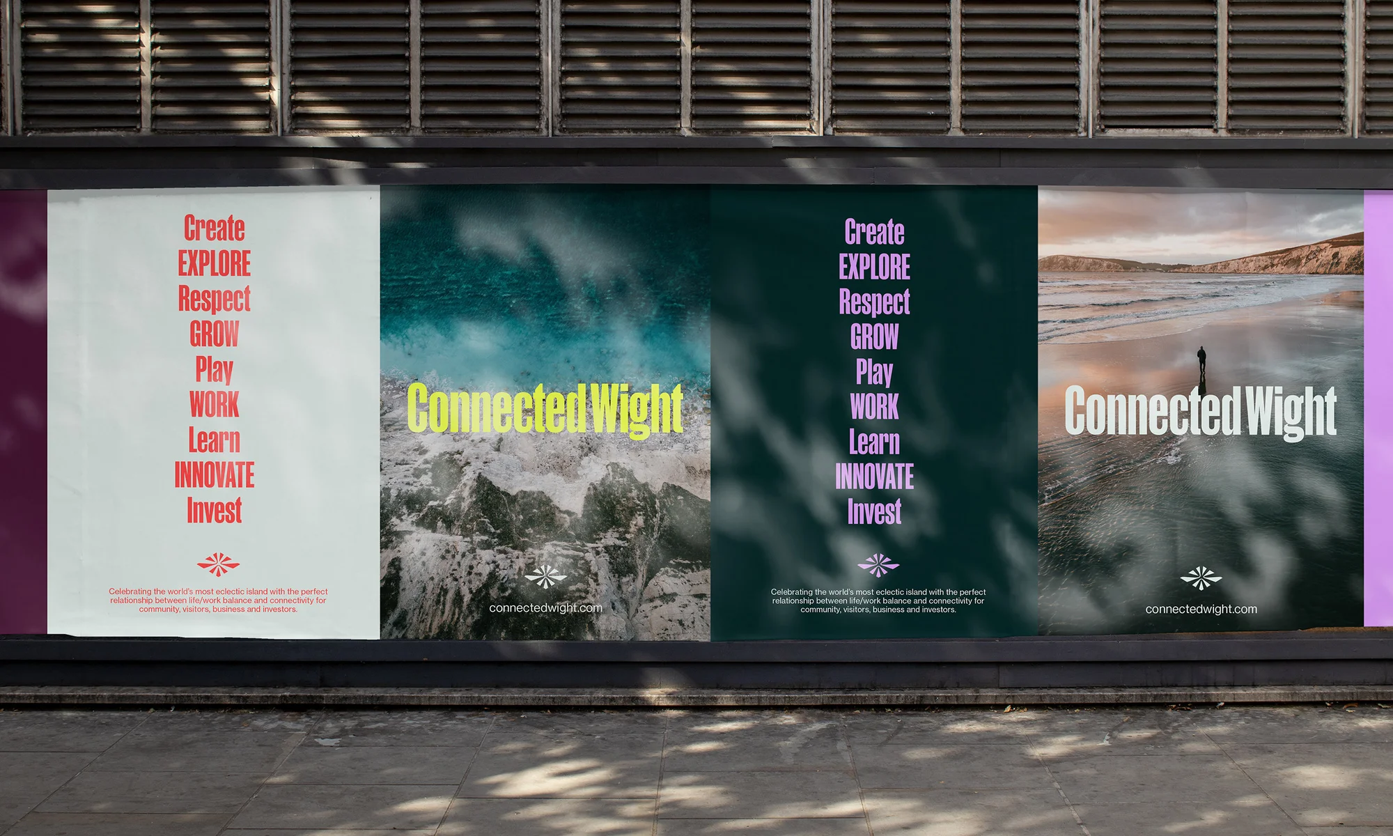 A series of four advertising billboards feature inspirational text alongside travel images, promoting balance and connectivity for business and community.