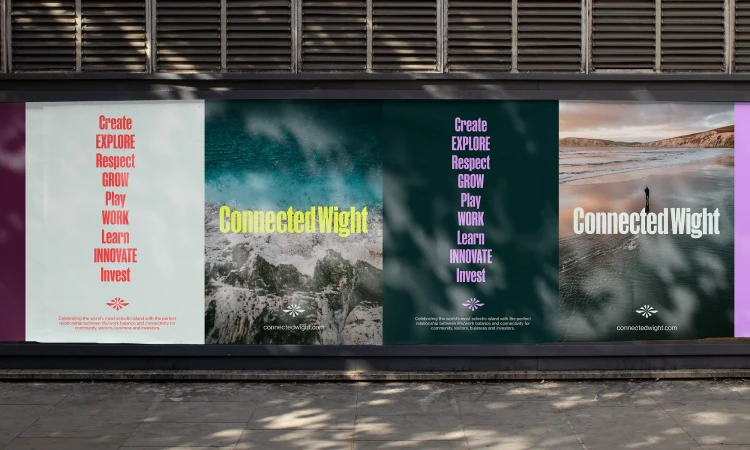 A series of four advertising billboards feature inspirational text alongside travel images, promoting balance and connectivity for business and community.