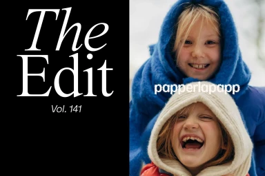 Two smiling children in hooded winter jackets, with bold typography reading The Edit Vol. 141 and papperlapapp on the image.