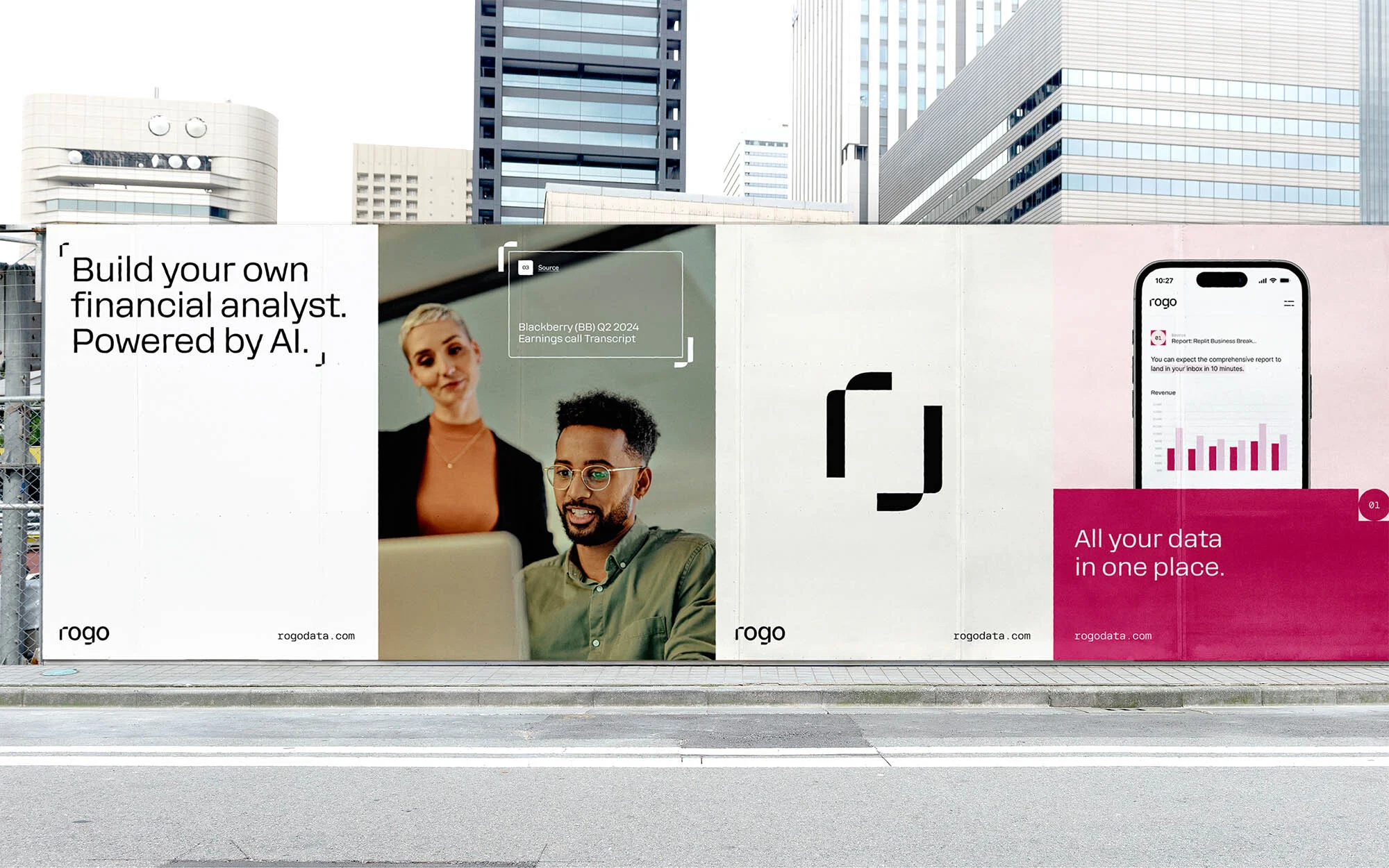 Outdoor advertising banner featuring a financial AI concept, two people looking at a computer, and a smartphone app display.