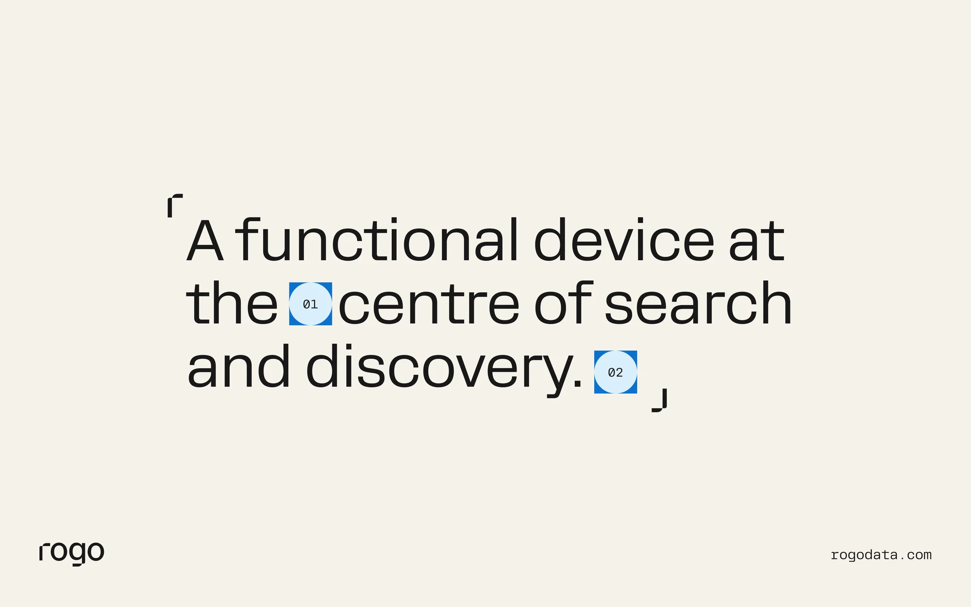 Text-based graphic features a quote about search and discovery, with the rogo and rogodata.com logos on a light beige background.