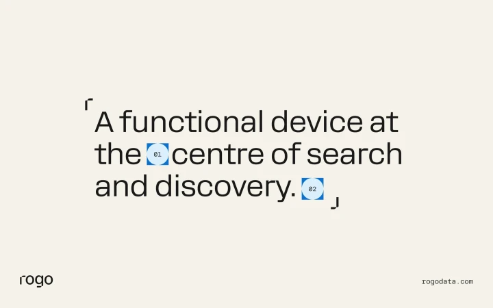 Text-based graphic features a quote about search and discovery, with the rogo and rogodata.com logos on a light beige background.