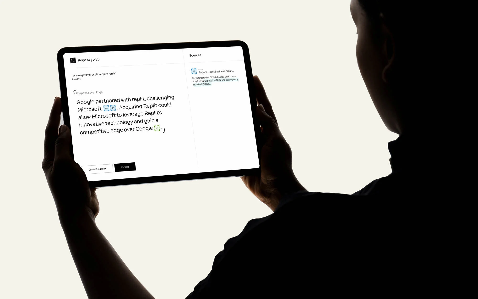Person in silhouette holds a tablet displaying an article about Google and Replit, showcasing technology industry news against a white background.