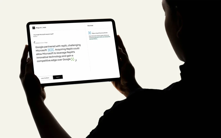 Person in silhouette holds a tablet displaying an article about Google and Replit, showcasing technology industry news against a white background.