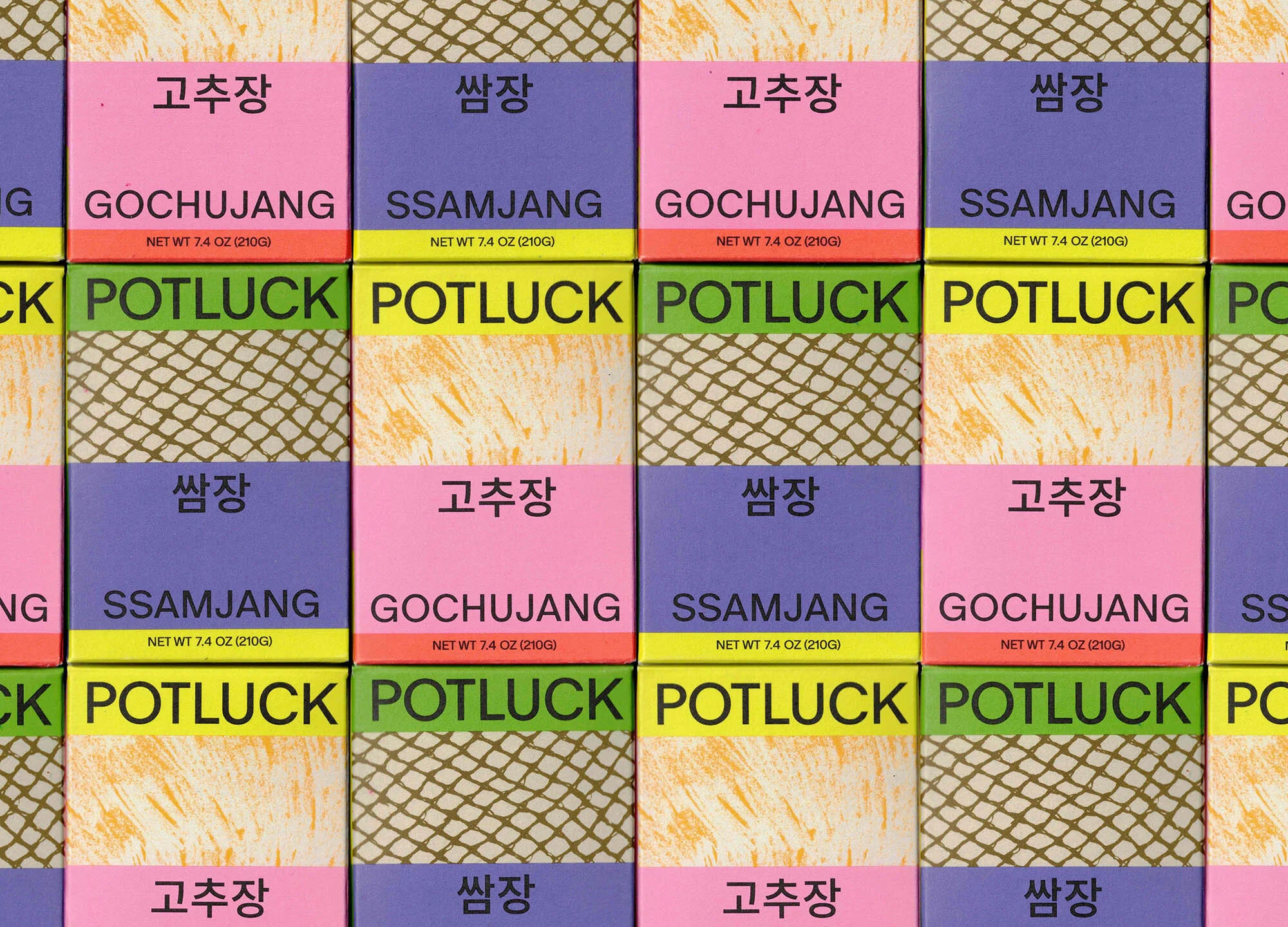 An overhead shot shows a closely-packed repeating pattern of food packaging for Potluck Gochujang and Ssamjang, offering a vibrant and textured food presentation.