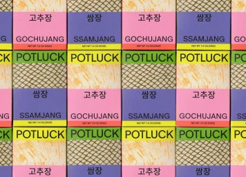 Close-up grid of colourful packaged food boxes featuring bold Korean typography and patterned graphic designs for Potluck.