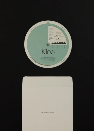 Promotional product shot of a round coffee flavor wheel with mint green accents, paired with a cream envelope on a black background.