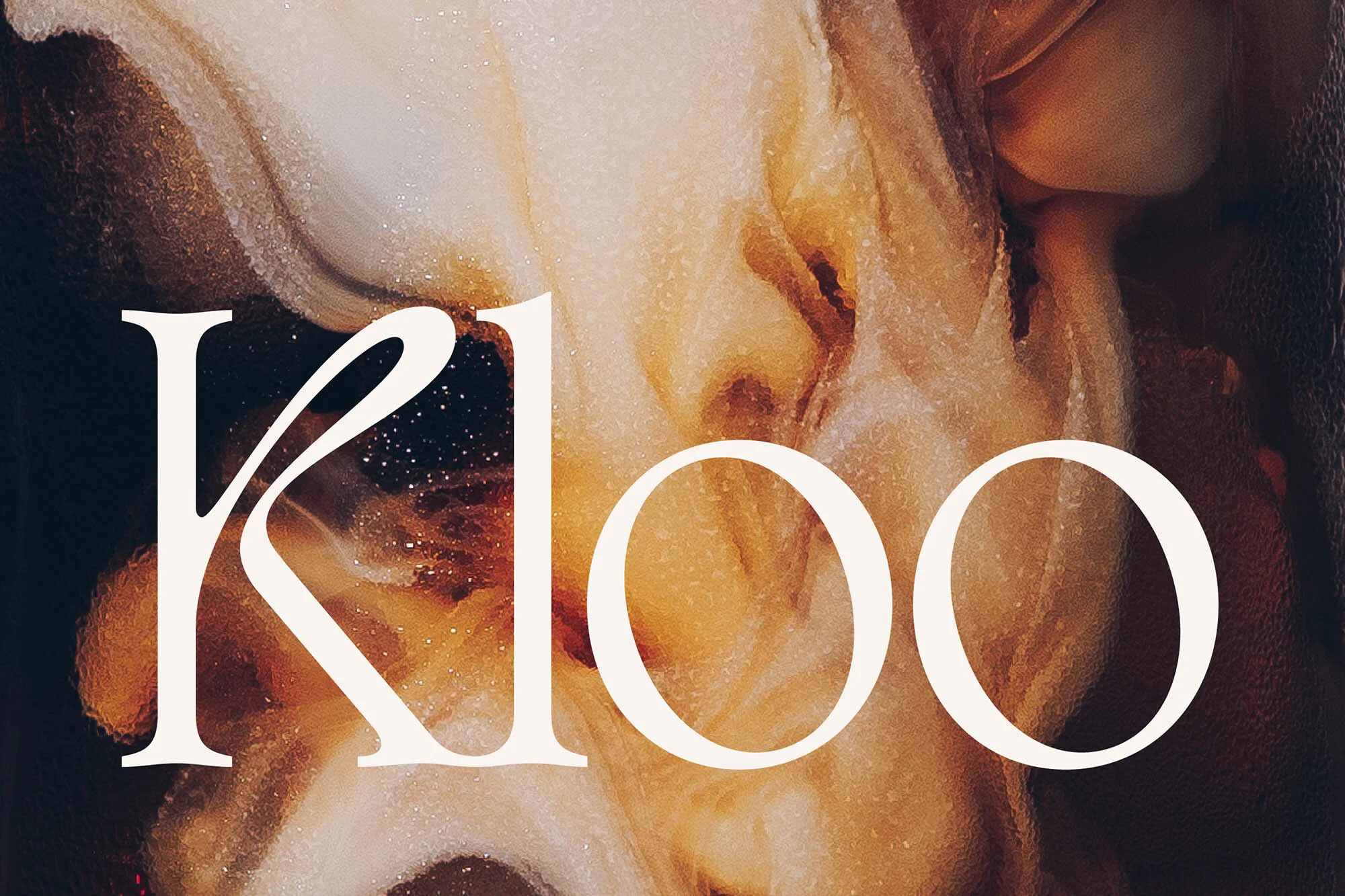 Close-up of the word 'Kloo' in white against an abstract background with swirls of brown, tan, and black creating a textured effect.