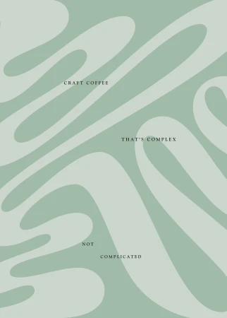 Abstract graphic with pale-green stripes on a light-green background. Text reads: “Craft Coffee. That’s complex. Not complicated.