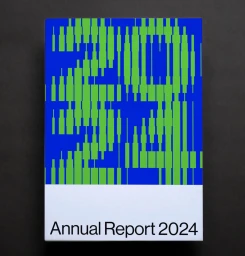 Annual report cover with bold blue and green data visualization graphics and white text on a dark background