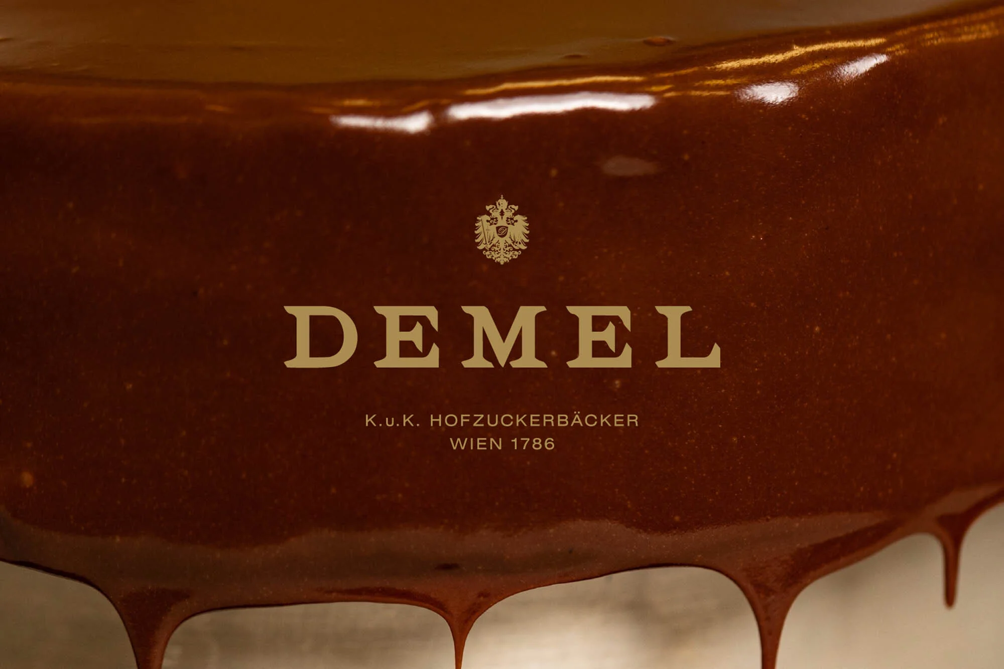 Close-up of glistening brown chocolate coating over pastry with the Demel logo, from the famous Viennese confectionery company.
