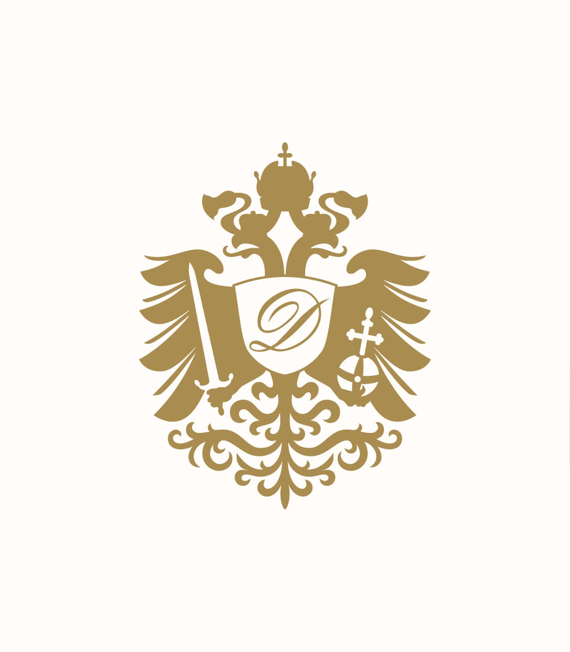 Elegant gold coat of arms graphic featuring a crown, shield, sword, and ornate flourish design on a clean, neutral background.