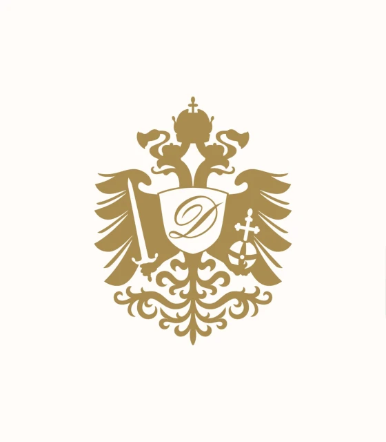 Elegant gold coat of arms graphic featuring a crown, shield, sword, and ornate flourish design on a clean, neutral background.