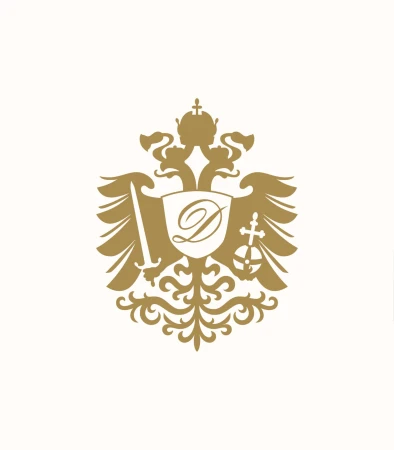 Elegant gold coat of arms graphic featuring a crown, shield, sword, and ornate flourish design on a clean, neutral background.