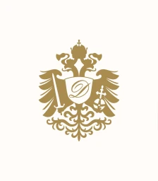 Gold ornate heraldic crest logo featuring a double-headed eagle holding a sword and orb against a plain white background
