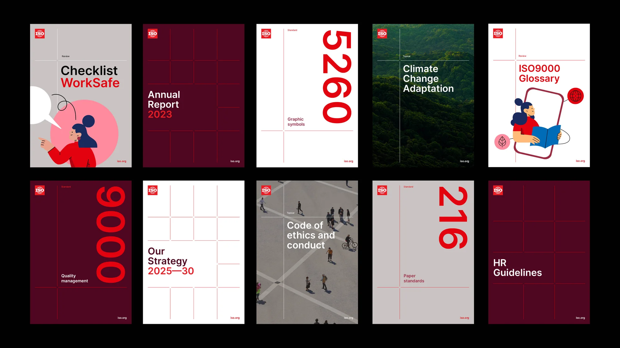Collection of illustrated ISO document covers featuring topics like climate change, ethics, and safety guidelines in a flat design style.