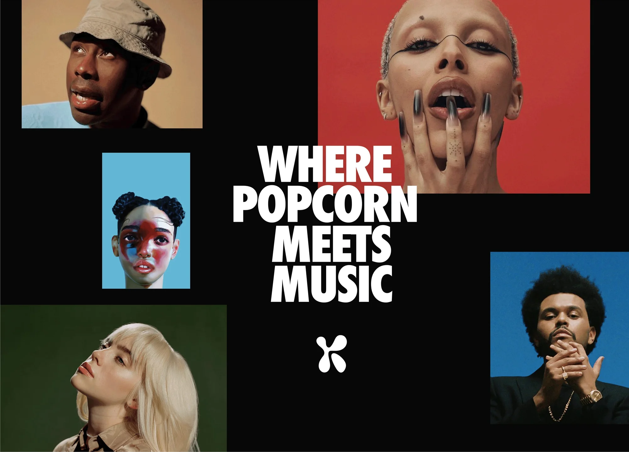 Promotional image featuring five headshots of music artists and the text 'Where Popcorn Meets Music' on a black background.